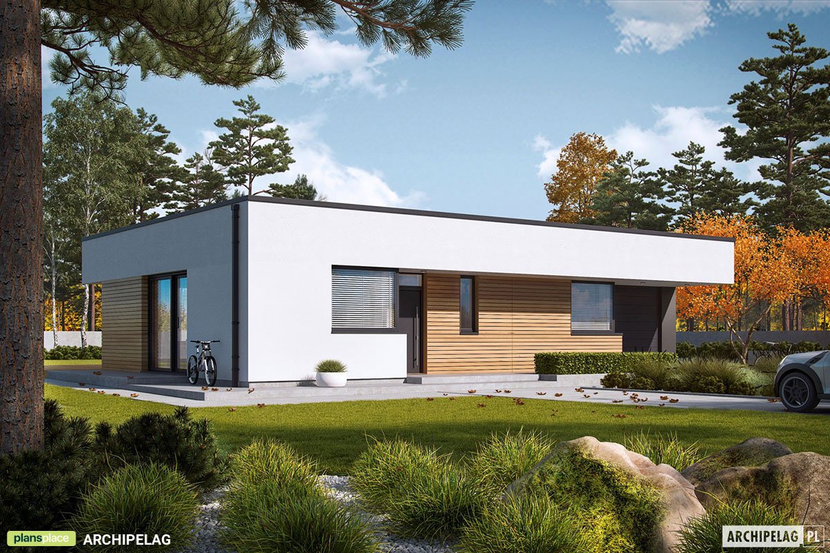 Flat Roof House Plan with 1-Car Garage and Corner Fireplace