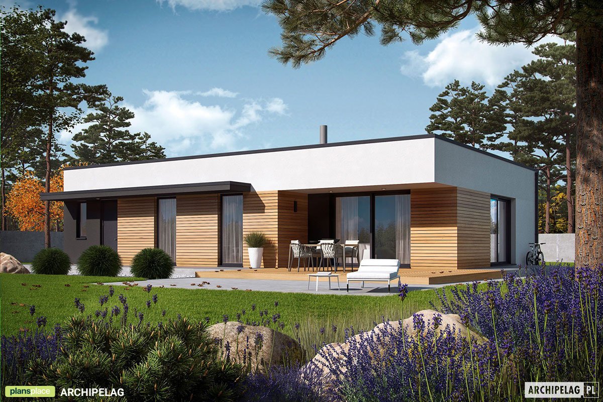 Flat Roof House Plan with 1-Car Garage and Corner Fireplace