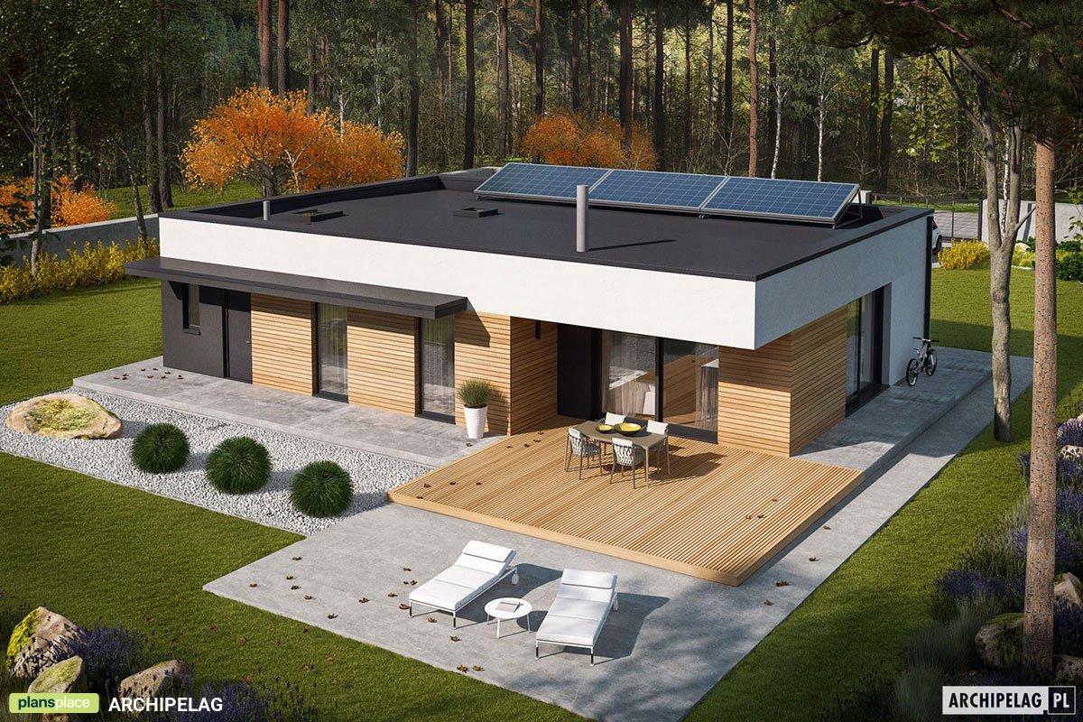 Flat Roof House Plan with 1-Car Garage and Corner Fireplace