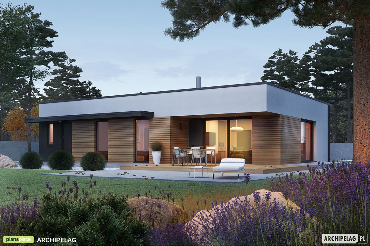 Flat Roof House Plan with 1-Car Garage and Corner Fireplace