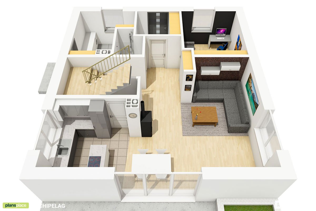 Simple House Plan with 3 Beds Upstairs and Home Office