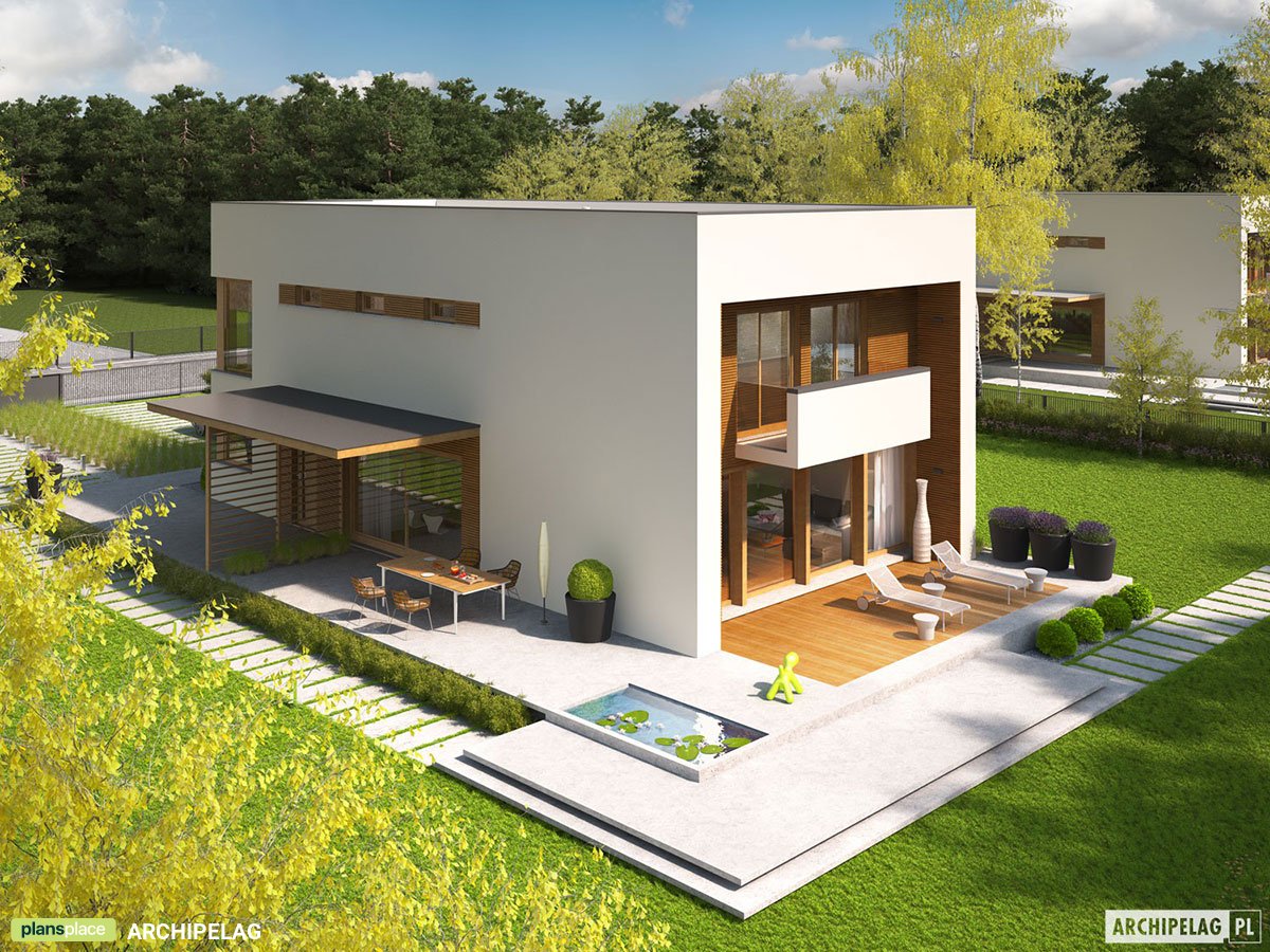 Flat Roof Plan with 1-Car Garage and Master Suite Upstairs