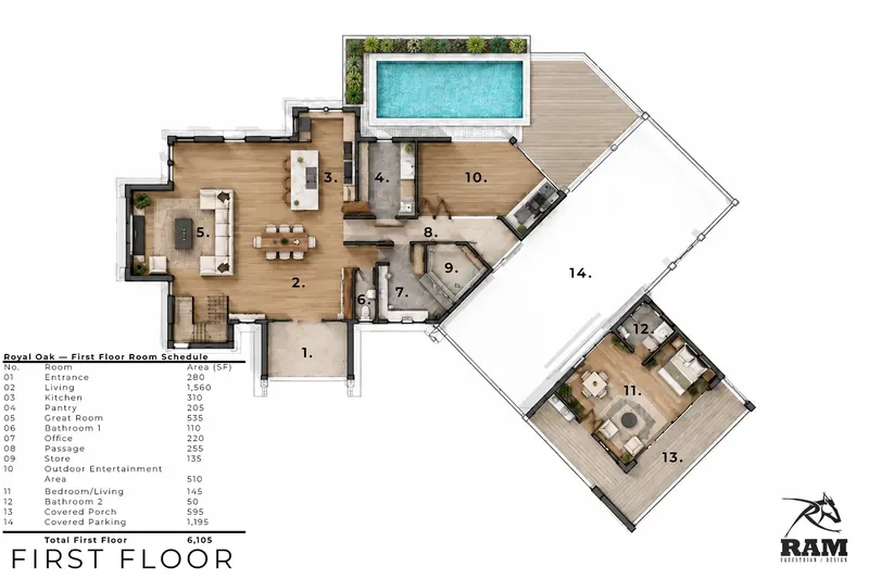 Parter 14 – Proiect de casa parter cu mansardă 647 m², 5 Dormitoare — 80207R